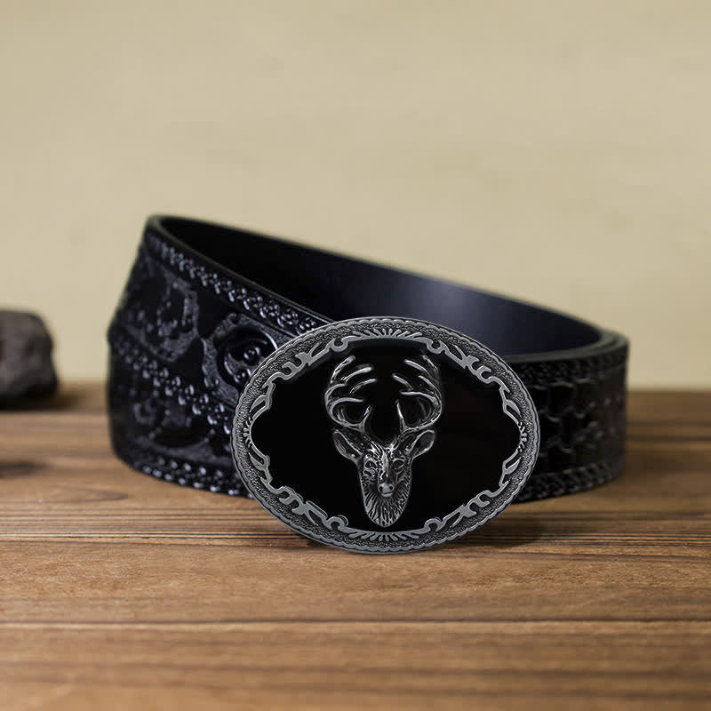 Men's DIY Black Deer Head Buckle Leather Belt - Deer - Black Carved Belt (40) - image 9