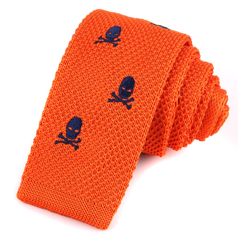 Men's Repeating Motifs Skinny Knitted Necktie - Orange Skeleton - image 8