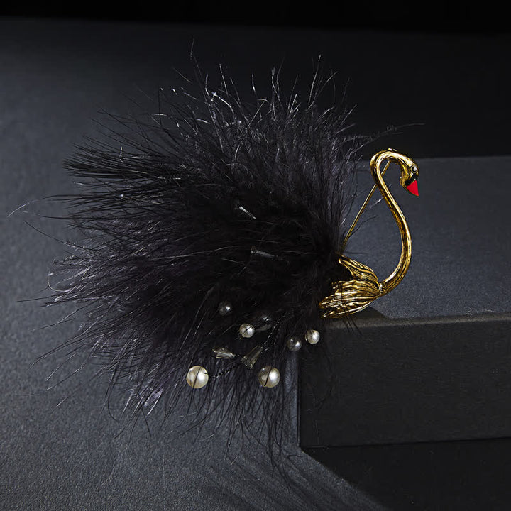 Women's Black / White Swan Plush Feather Brooch - Style #1 - Black - image 2