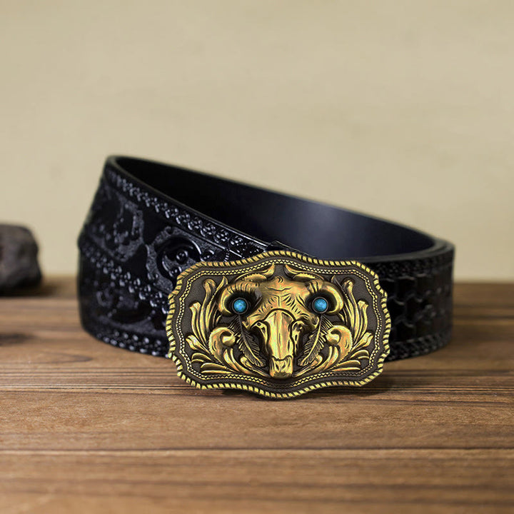 Men's DIY Goat Skull Turquoise Buckle Leather Belt - Gold - Black Carved Belt (40) - image 11