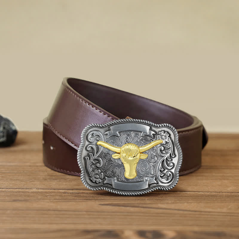 Men's DIY Gold Carving Animal Buckle Leather Belt - Bull - Brown PU Belt (40) - image 41