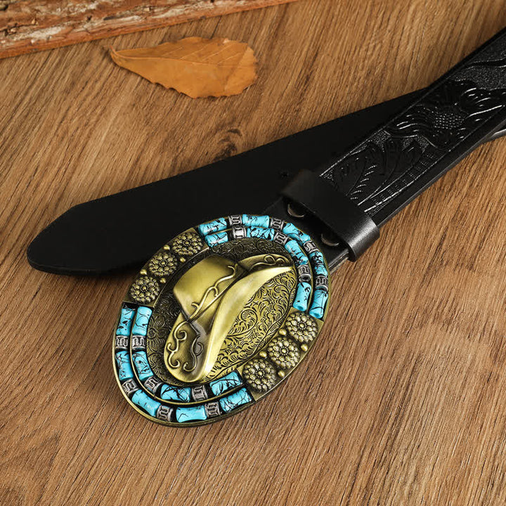 Men's Cowboy Gold Hat Turquoise Decor Leather Belt - image 5