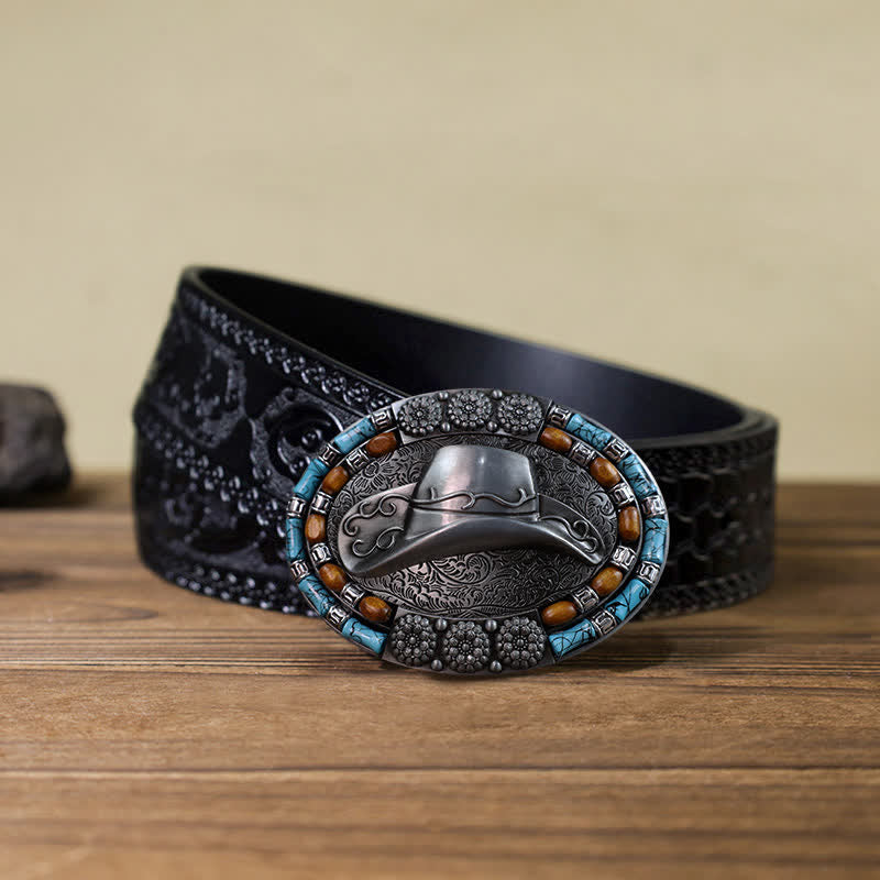 Men's DIY Cowboy Hat Turquoise Stone Buckle Leather Belt - Hat - Black Carved Belt (40) - image 8