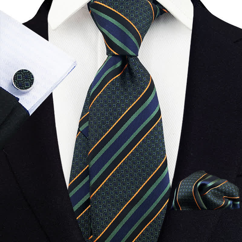 3Pcs Men's Vintage Green & Navy Striped Necktie Set - Green & Navy - image 0