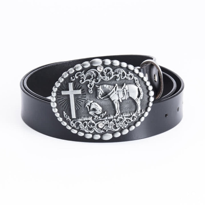 Men's Steed Cross Kneeling Prayer Leather Belt - Leather Linker - Black - 46 - image 2