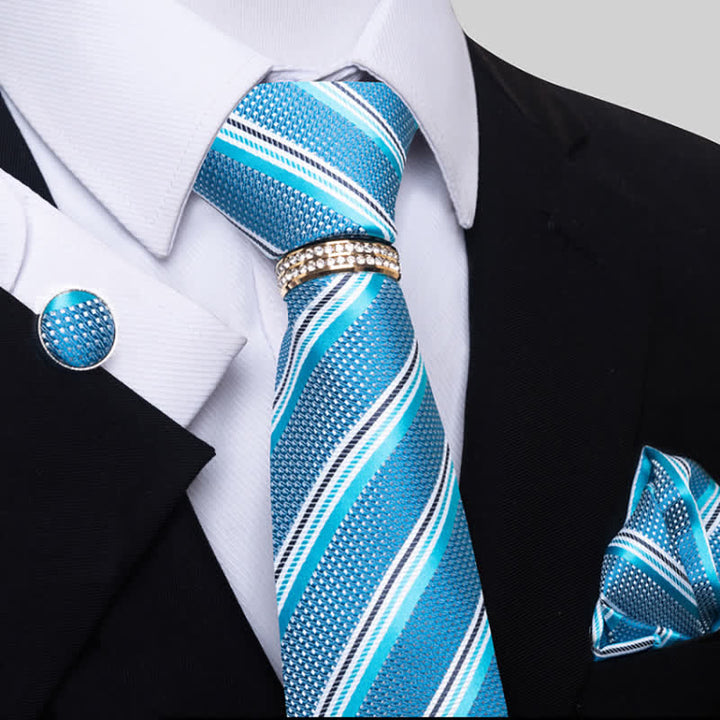 4Pcs Men's Striped Necktie Set With Tie Ring - Turquoise - image 9
