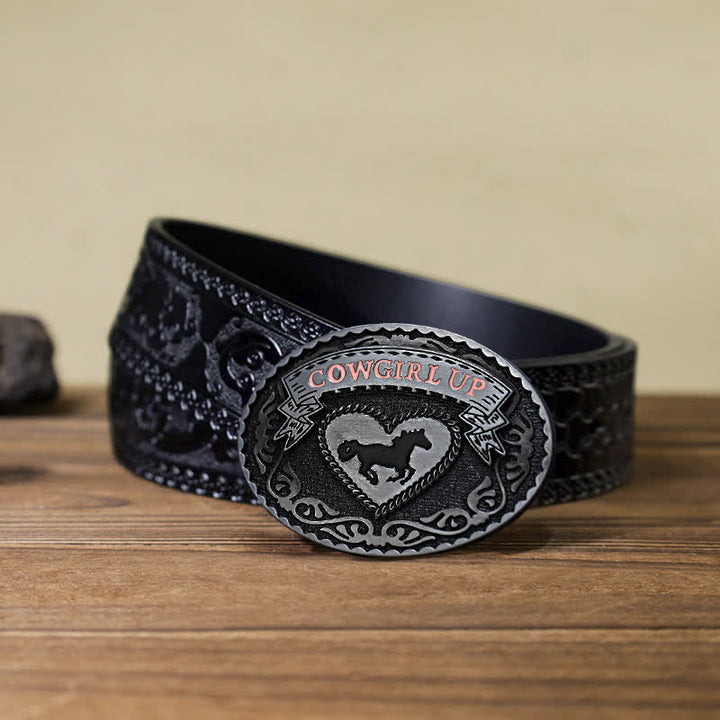Women's DIY Silver Cowgirl Up Buckle Leather Belt - Cowgirl Up - Black Carved Belt (40) - image 9