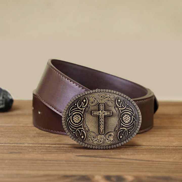 Men's DIY Faith Cross Floral Buckle Leather Belt - Antique Bronze - Black PU Belt (40) - image 12