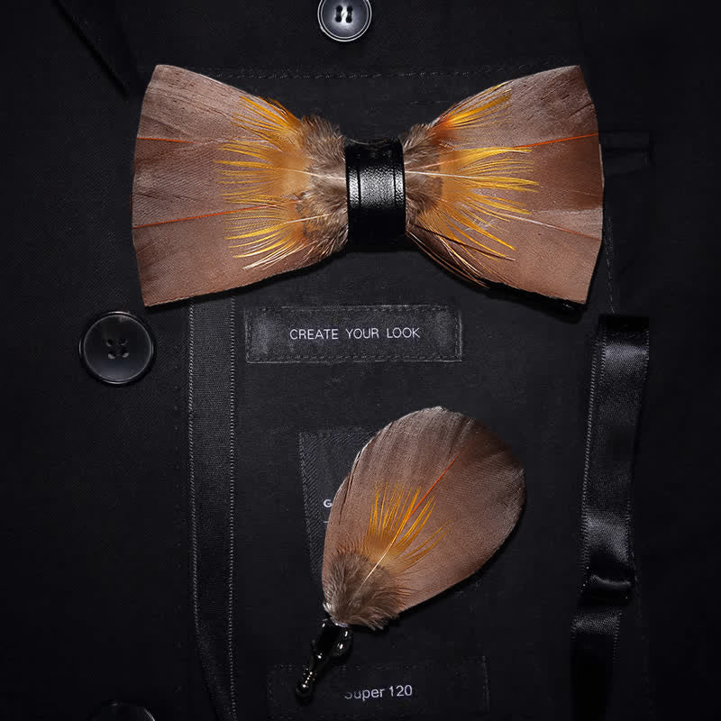 Sienna & Yellow Nature Feather Bow Tie with Lapel Pin - Sienna & Yellow - image 0
