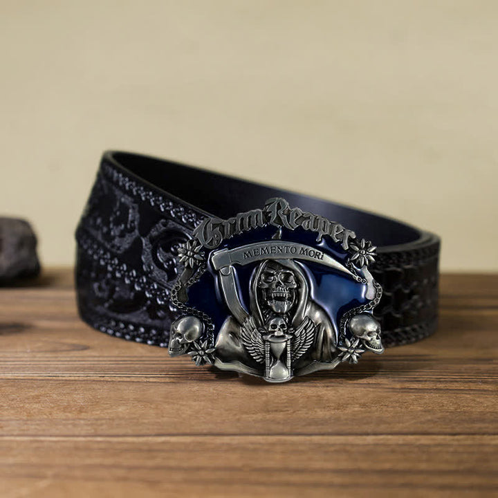 Men's DIY Death Sickle Skull Buckle Leather Belt - Skull - Black Carved Belt (40) - image 9