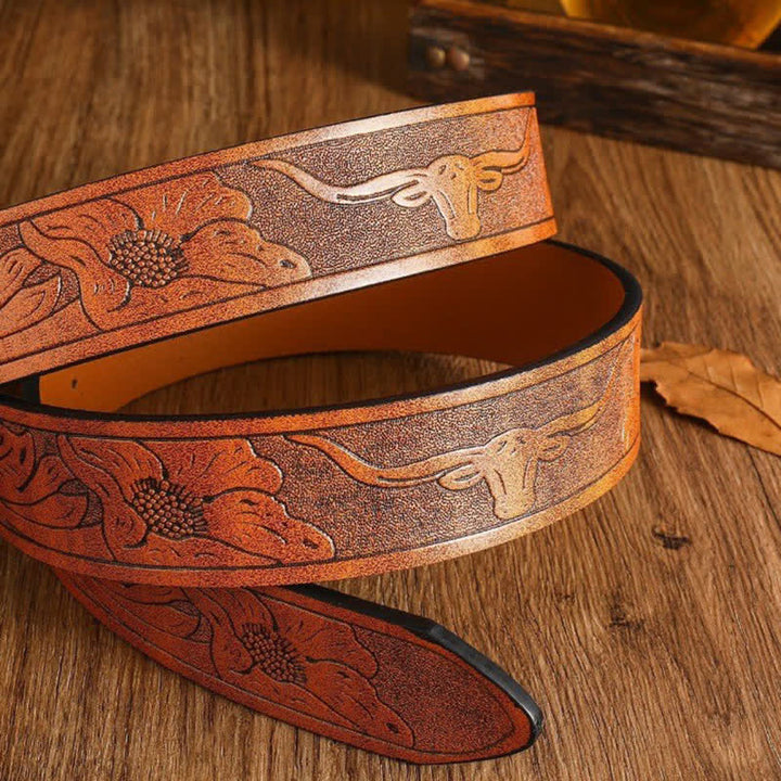 Men's Square Golden Longhorn Bull Leather Belt - image 10