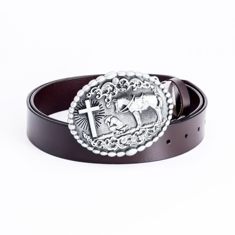 Men's Steed Cross Kneeling Prayer Leather Belt - Iron Linker - Brown - 46 - image 18