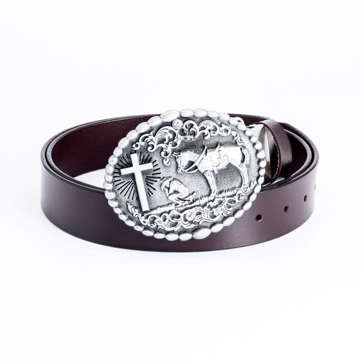 Men's Steed Cross Kneeling Prayer Leather Belt - Iron Linker - Brown - 46 - image 18