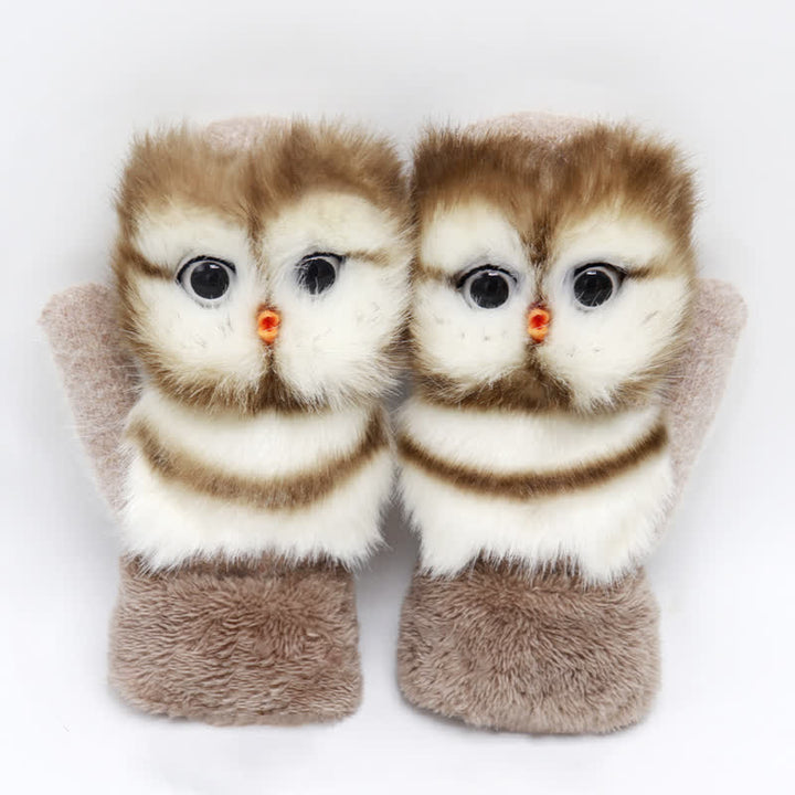 Women's Cute Animal Furry Mittens Gloves - Coffee Owl - image 9