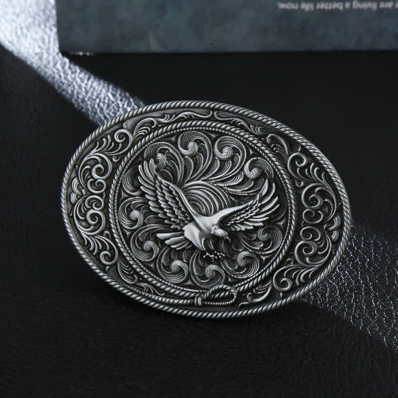 Men's DIY Soaring Eagle Engraved Floral Buckle Leather Belt - Antique Silver - Without Belt - image 0
