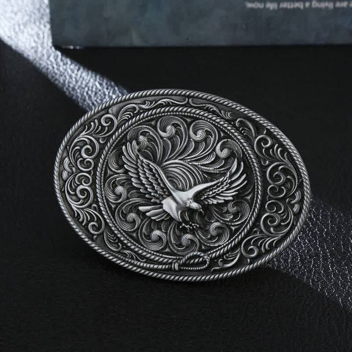 Men's DIY Soaring Eagle Engraved Floral Buckle Leather Belt - Antique Silver - Without Belt - image 0