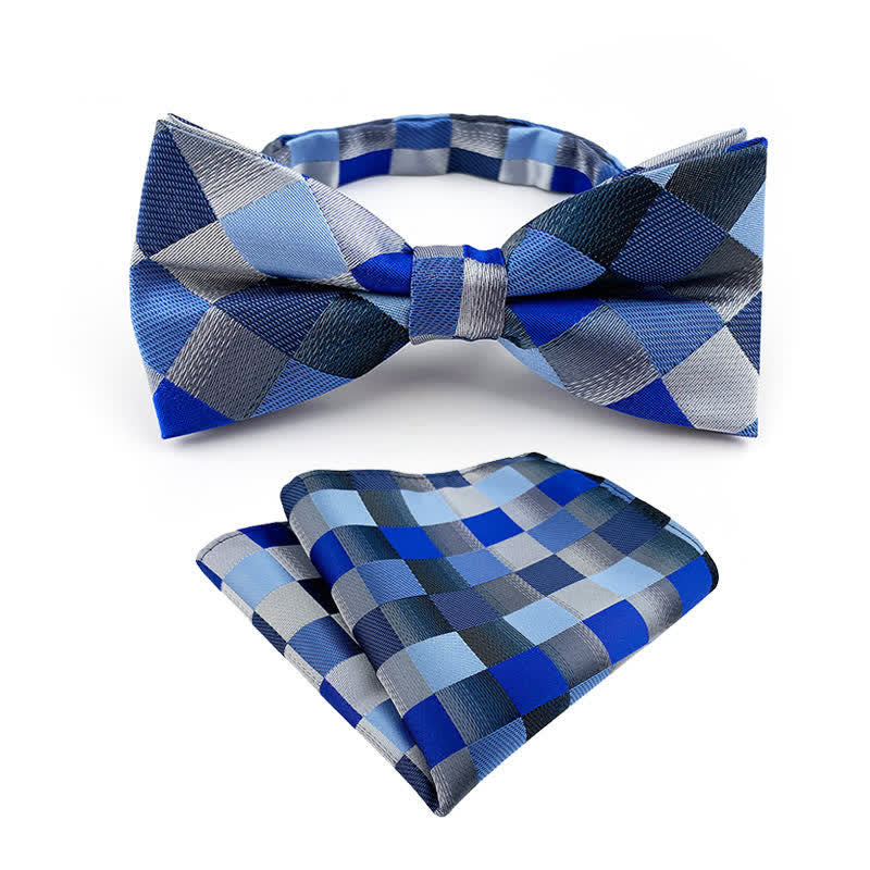 2Pcs Men's Fancy Plaid Striped Bow Tie Pocket Square Set - Navy - image 0