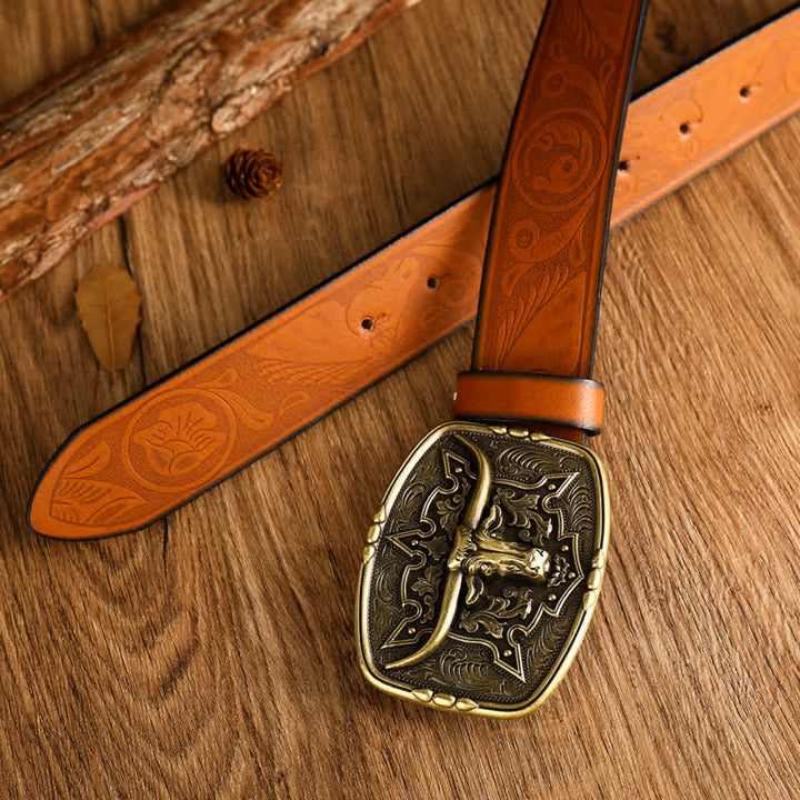 Men's Western Style Cow Head Printed Leather Belt - image 4