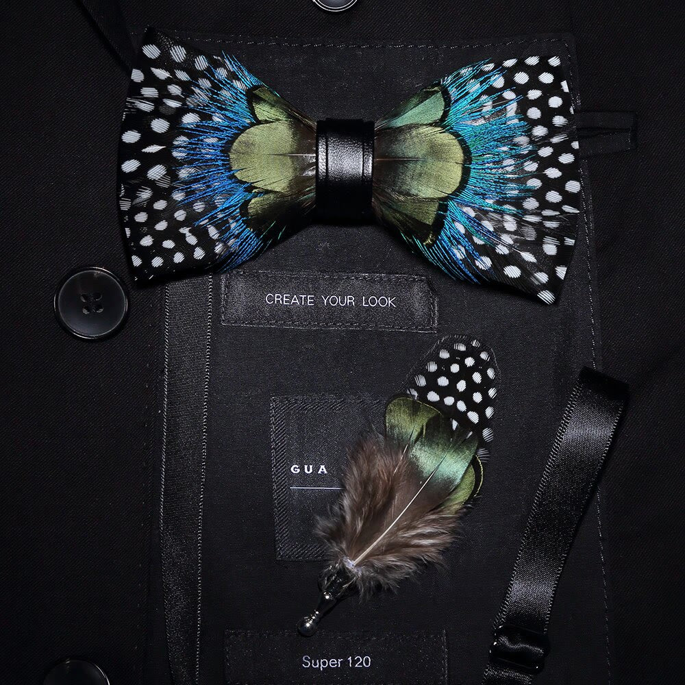 Kid's Green & Blue Polka Dots Feather Bow Tie with Lapel Pin - Adult - image 2
