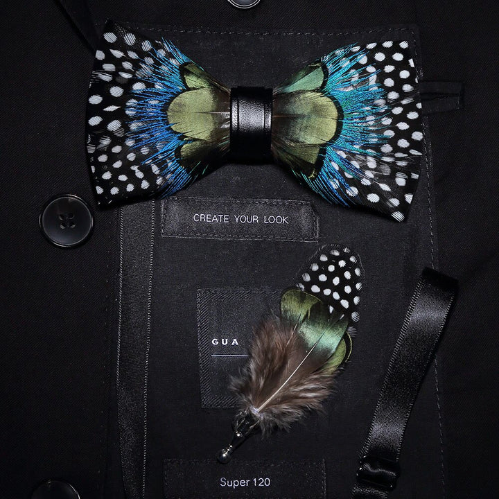 Kid's Green & Blue Polka Dots Feather Bow Tie with Lapel Pin - Adult - image 2