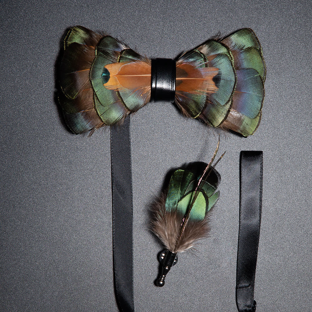 Kid's Emerald Green & Gold Feather Bow Tie with Lapel Pin - Adult - image 2