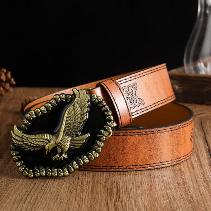 Men's Antique Gold Eagle Soaring Hawk Leather Belt - Yellowish-Brown #1 - 42 - image 2