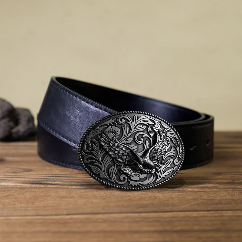 Men's DIY Animal Flying Eagle Buckle Leather Belt - Antique Silver - Black PU Belt (40) - image 5