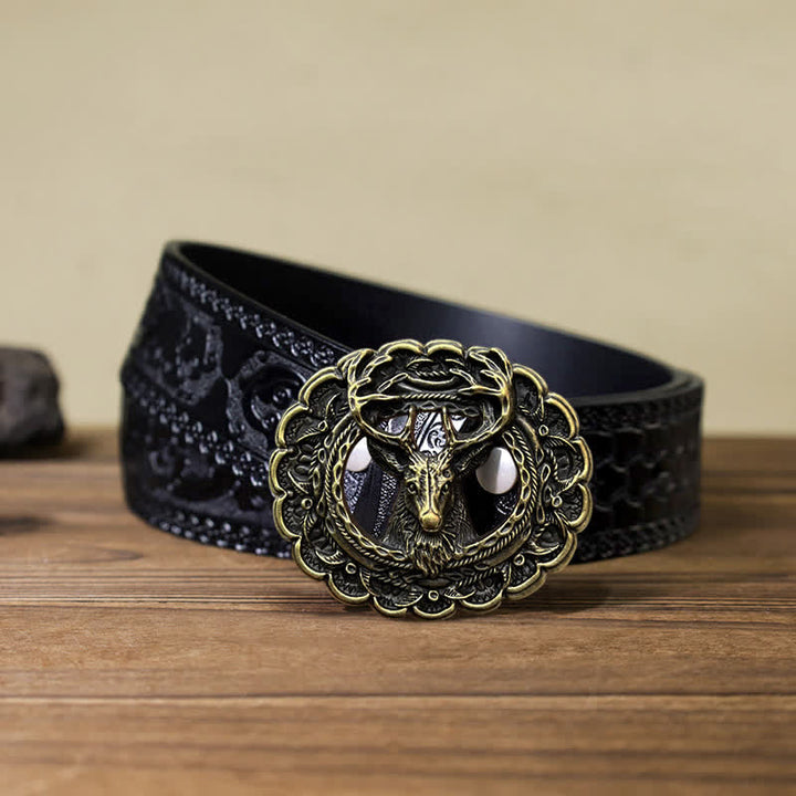 Men's DIY Hollow 3D Elk Antler Buckle Leather Belt - Antique Bronze - Black Carved Belt (40) - image 14