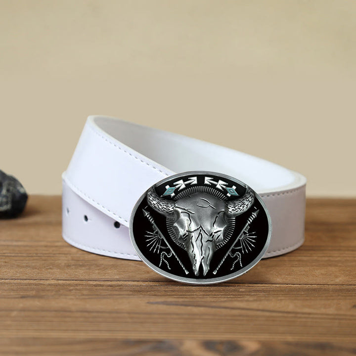 Men's DIY Indian Theme Bull Skull Buckle Leather Belt - Black - White PU Belt (40) - image 7