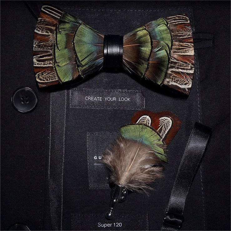 Brown & Green Forest Retro Feather Bow Tie with Lapel Pin - Adult - image 0