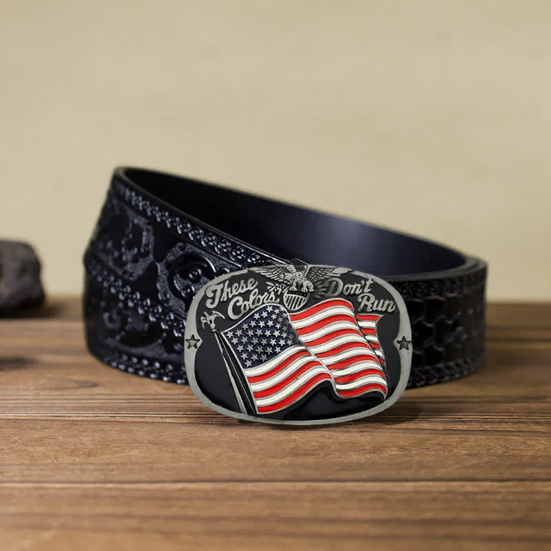 Men's DIY These Colors Don't Run Eagle Flag Buckle Leather Belt - These Colors Don't Run - Black Carved Belt (40) - image 9