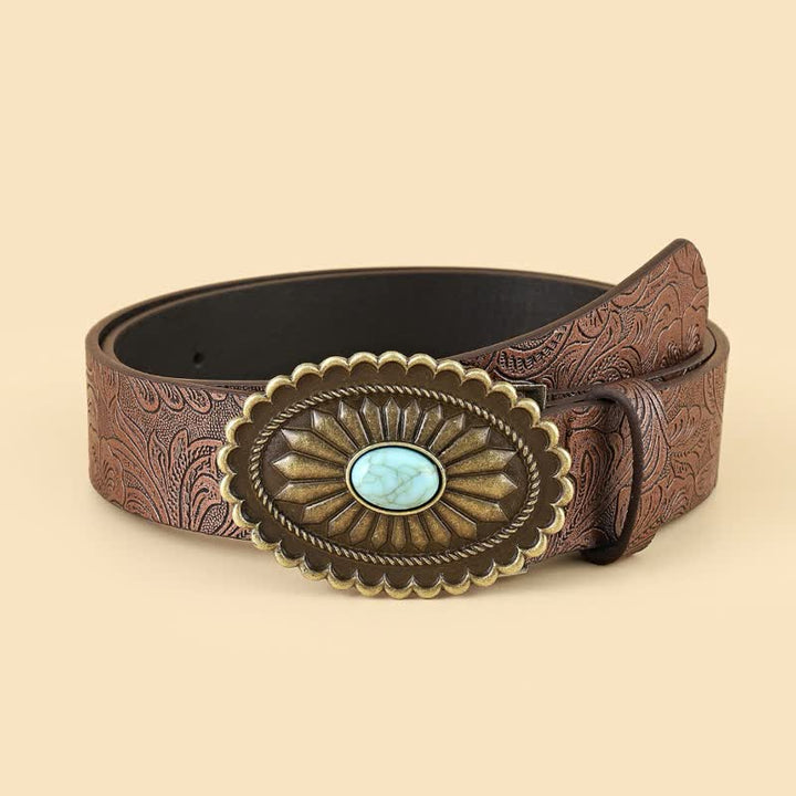 Women's Bohemian Style Vintage Turquoise Flower Leather Belt - Tan - 34 - image 0