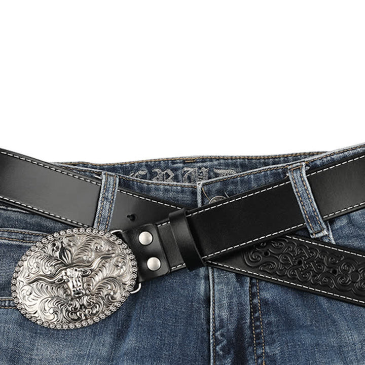 Men's Engarved Feather Bull Jeans Leather Belt - image 14