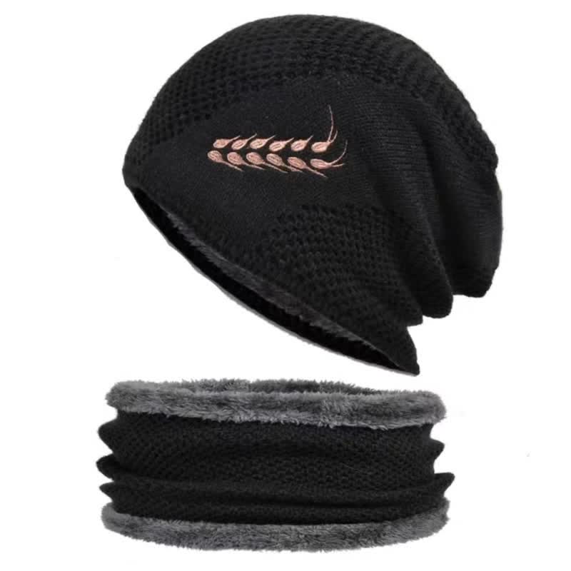 2Pcs Embroidered Wheat Beanie Hat Neck Warmer Set - Black - Adjustable (22"-23 5/8") - image 6