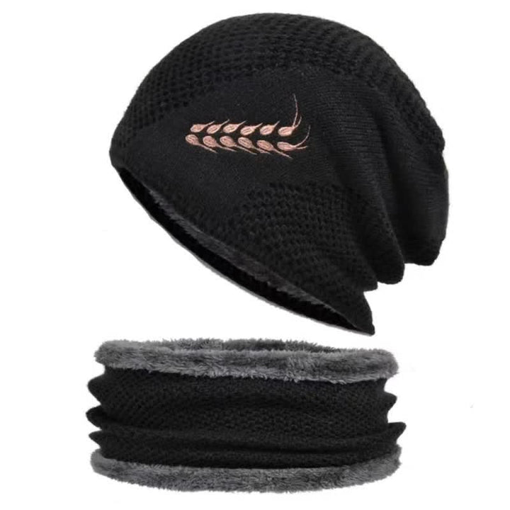 2Pcs Embroidered Wheat Beanie Hat Neck Warmer Set - Black - Adjustable (22"-23 5/8") - image 6