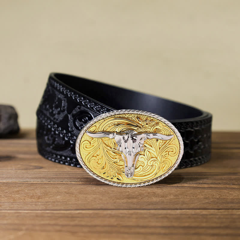 Men's DIY Shining Golden Bull Head Buckle Leather Belt - Bull - Black Carved Belt (40) - image 10