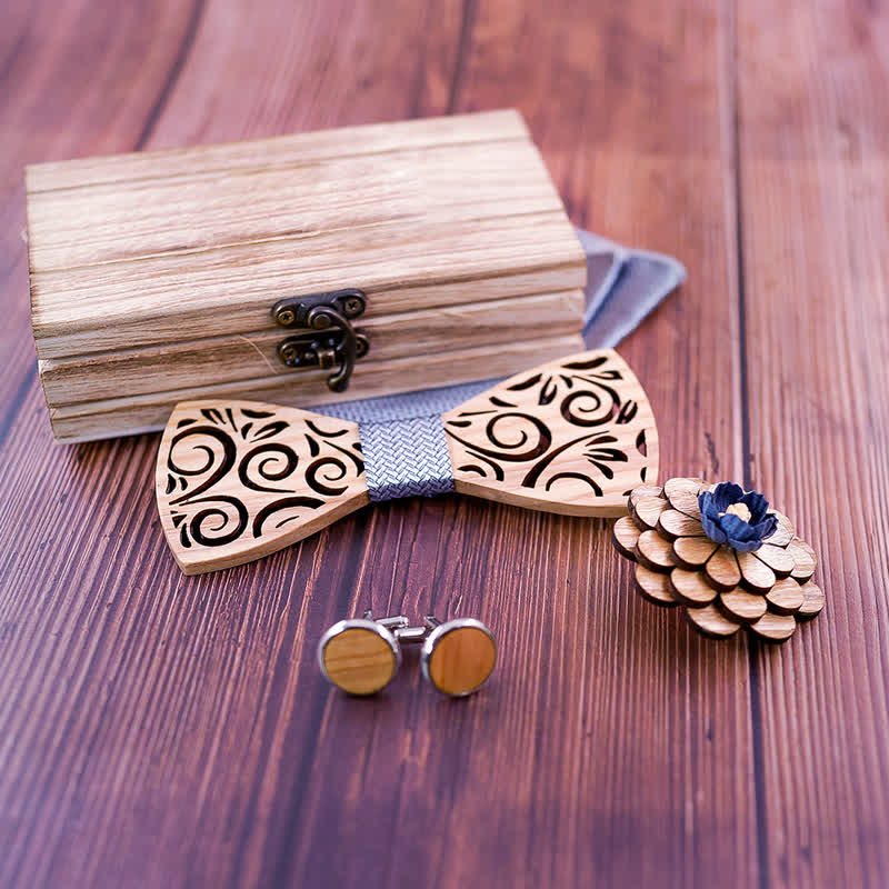 4Pcs Men's Hollow Leaf Design Wooden Bow Tie Set - image 4