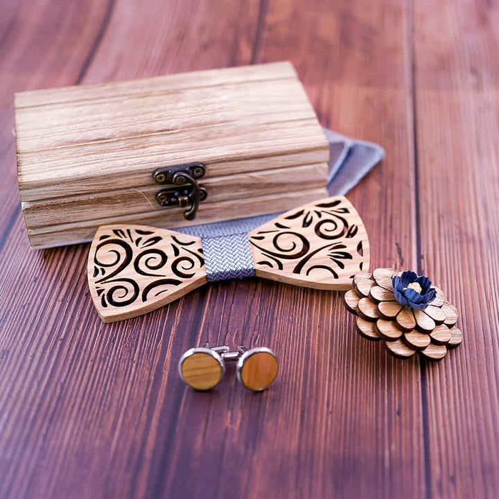 4Pcs Men's Hollow Leaf Design Wooden Bow Tie Set - image 4