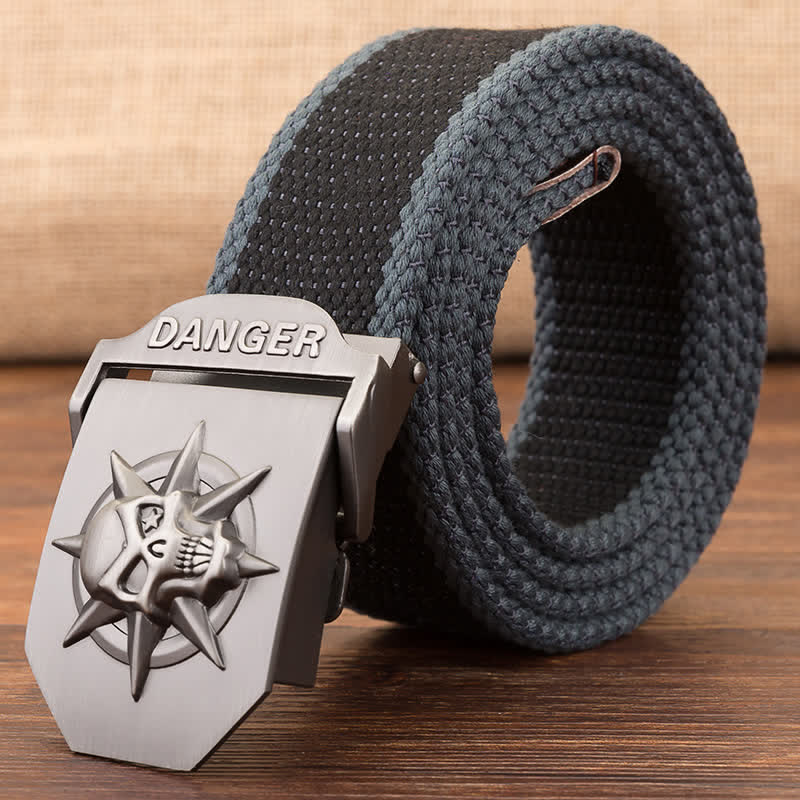 Men's Automatic Skull Buckle Woven Canvas Belt - Wide Black Striped - 42 - image 11