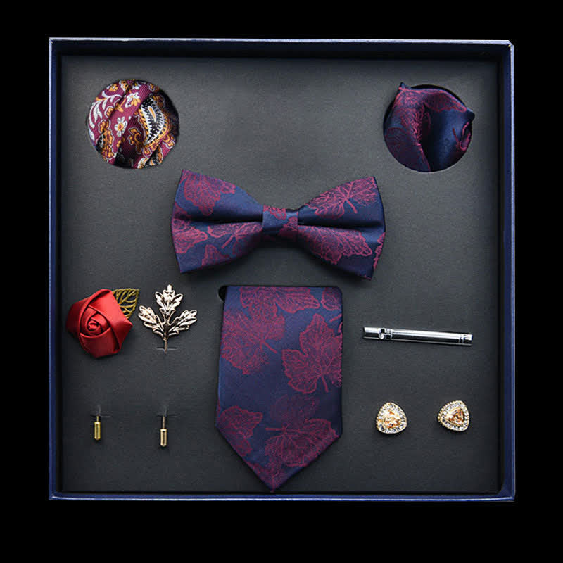 8Pcs Navy&Purple Vintage Leaf Necktie Bow Ties Gift Box - Navy&Purple - image 0