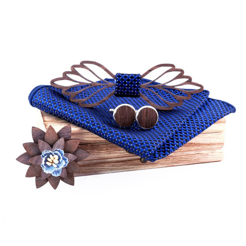 4Pcs Men's Hollow Leaves-shaped Wooden Bow Tie Set - Navy Checker - image 0
