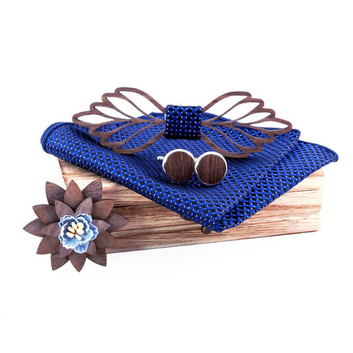 4Pcs Men's Hollow Leaves-shaped Wooden Bow Tie Set - Navy Checker - image 0