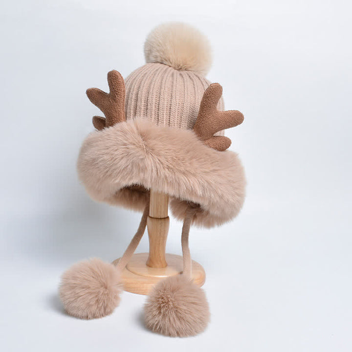 Women's Cute Deer Horn Pompom Knitted Hat - Khaki - Adjustable (Approx. 21 5/8"-23 7/8") - image 11