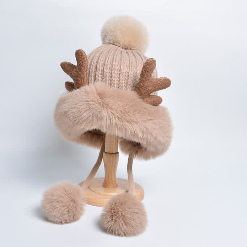 Women's Cute Deer Horn Pompom Knitted Hat - Khaki - Adjustable (Approx. 21 5/8"-23 7/8") - image 11
