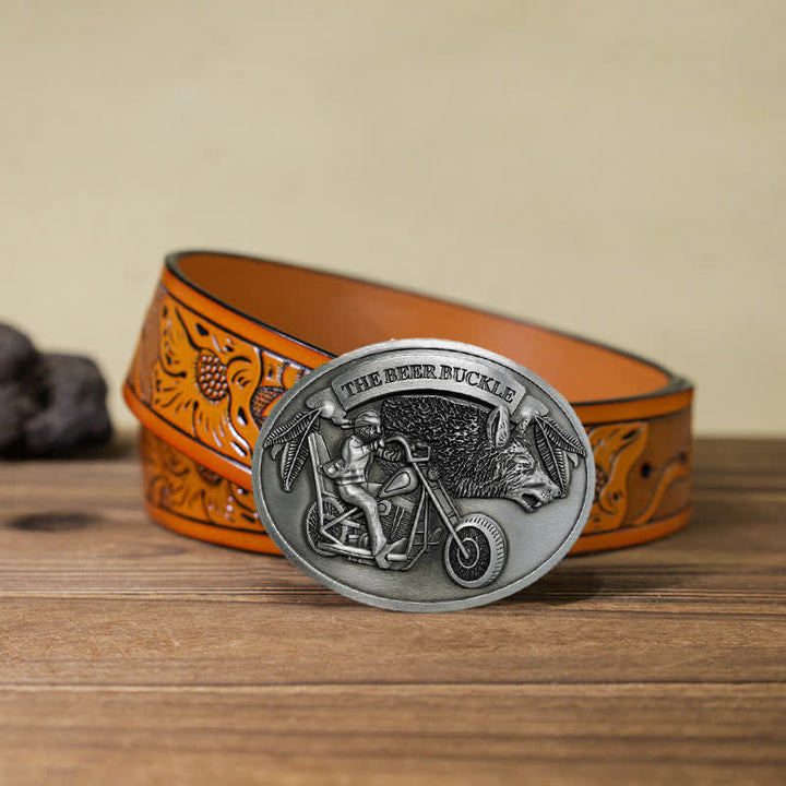 Men's DIY Motorcycle Creative Beer Holder Buckle Leather Belt - Silver - Orange Carved Belt (40) - image 32