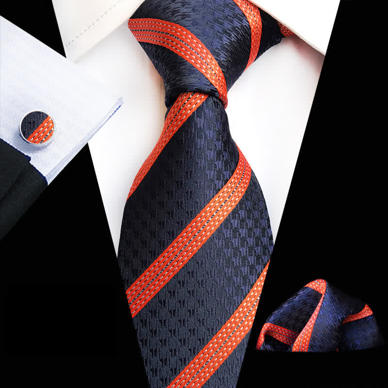 3Pcs Men's Orange & Navy Striped Necktie Set - Orange & Navy - image 0