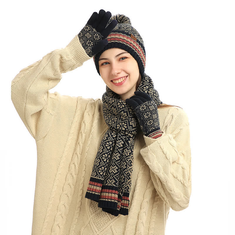 3Pcs Unisex Snowflake Hat Scarf Touchscreen Gloves Set - image 4