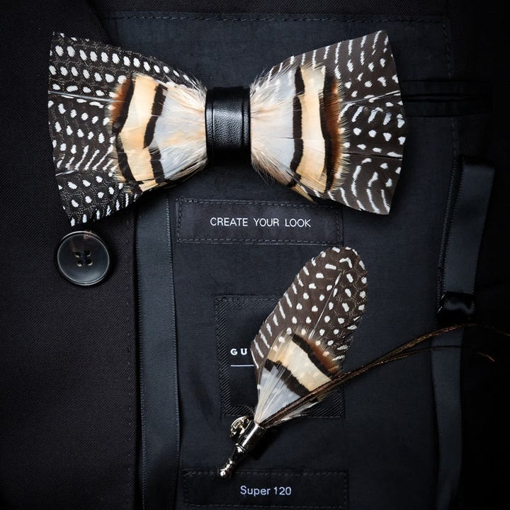 Brown Carbon Dot Wild Feather Bow Tie with Lapel Pin - Brown - image 0