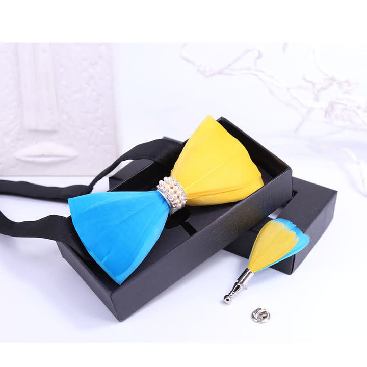 Yellow & Blue Shiny Pearl Feather Bow Tie with Lapel Pin - image 2
