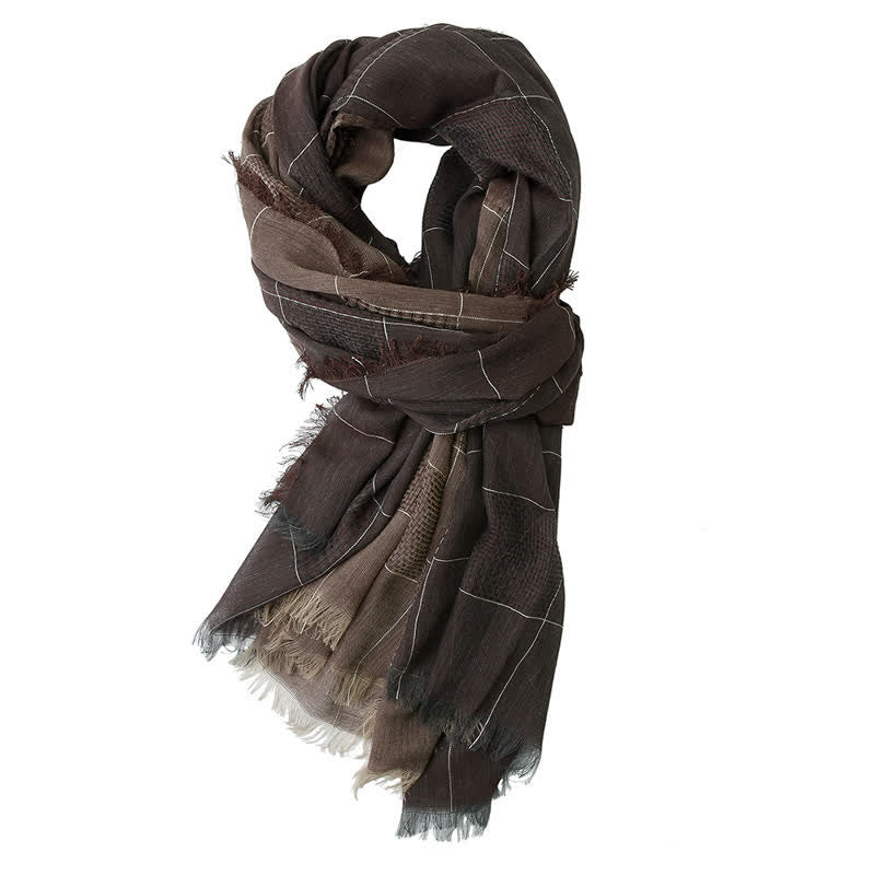 Men's Two-Tone Patchwork Checked Fringe Scarf - Coffee - image 7